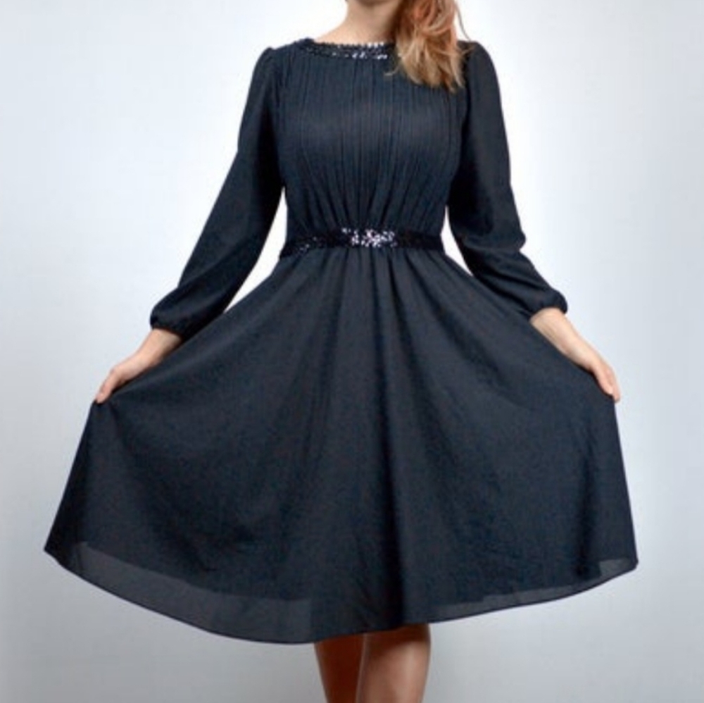 Black Sequin Vintage 70s Party Dress